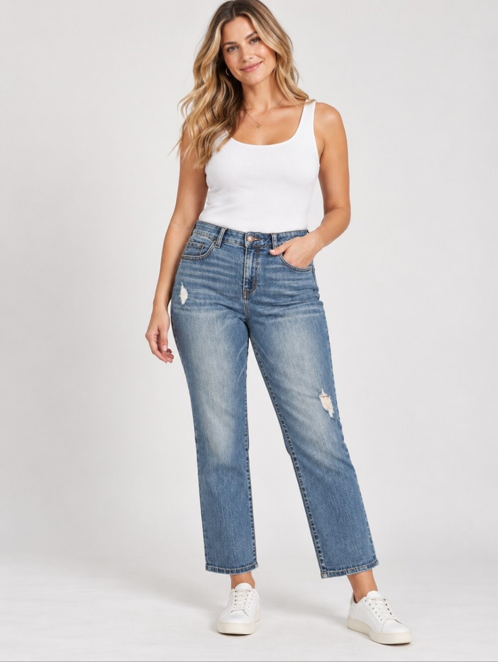 ❤️ DEMOCRACY AB SOLUTION HIGH RISE STRAIGHT ANKLE JEANS, DISTRESSED, 14 (32